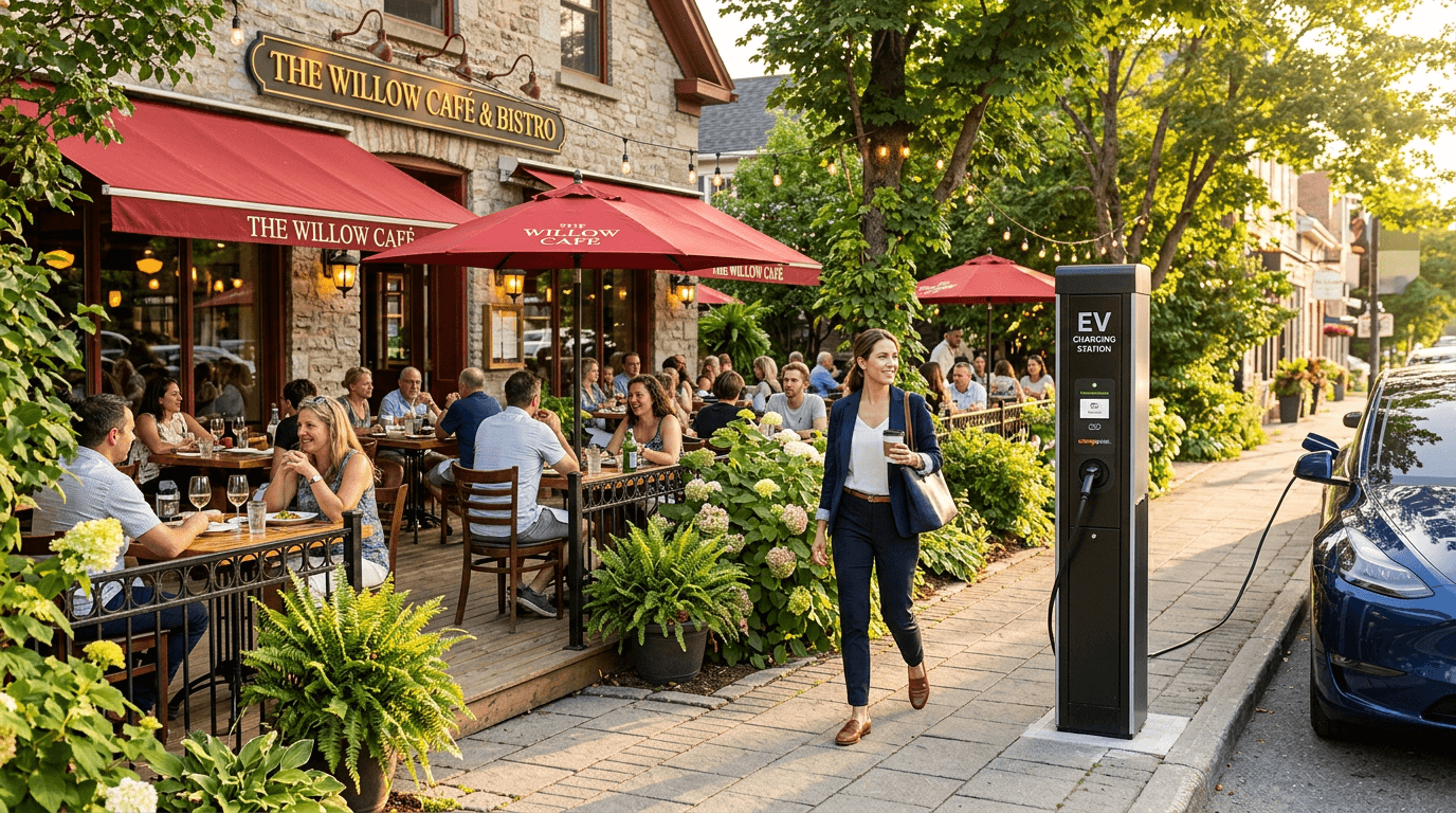 EV charging station at a café with outdoor dining