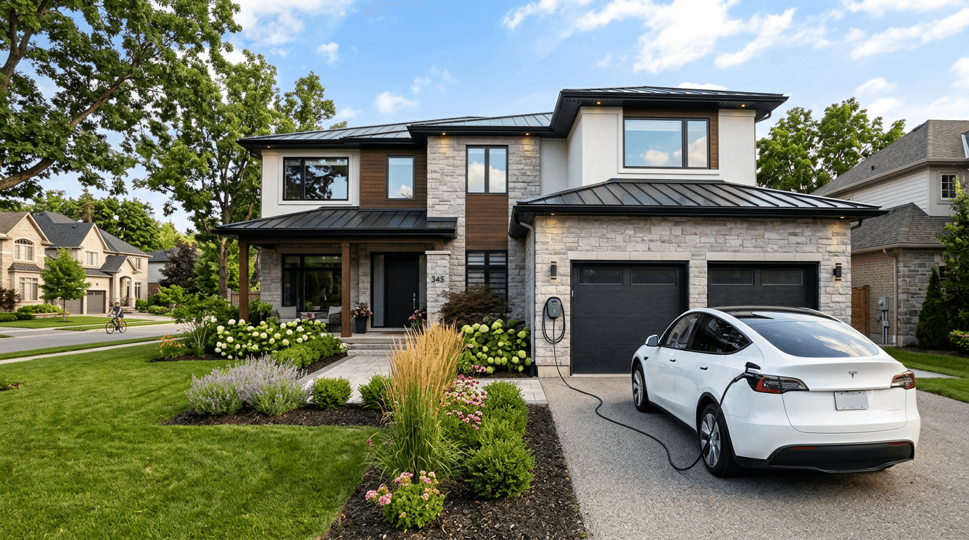 Modern home with EV charger in driveway and electric car charging