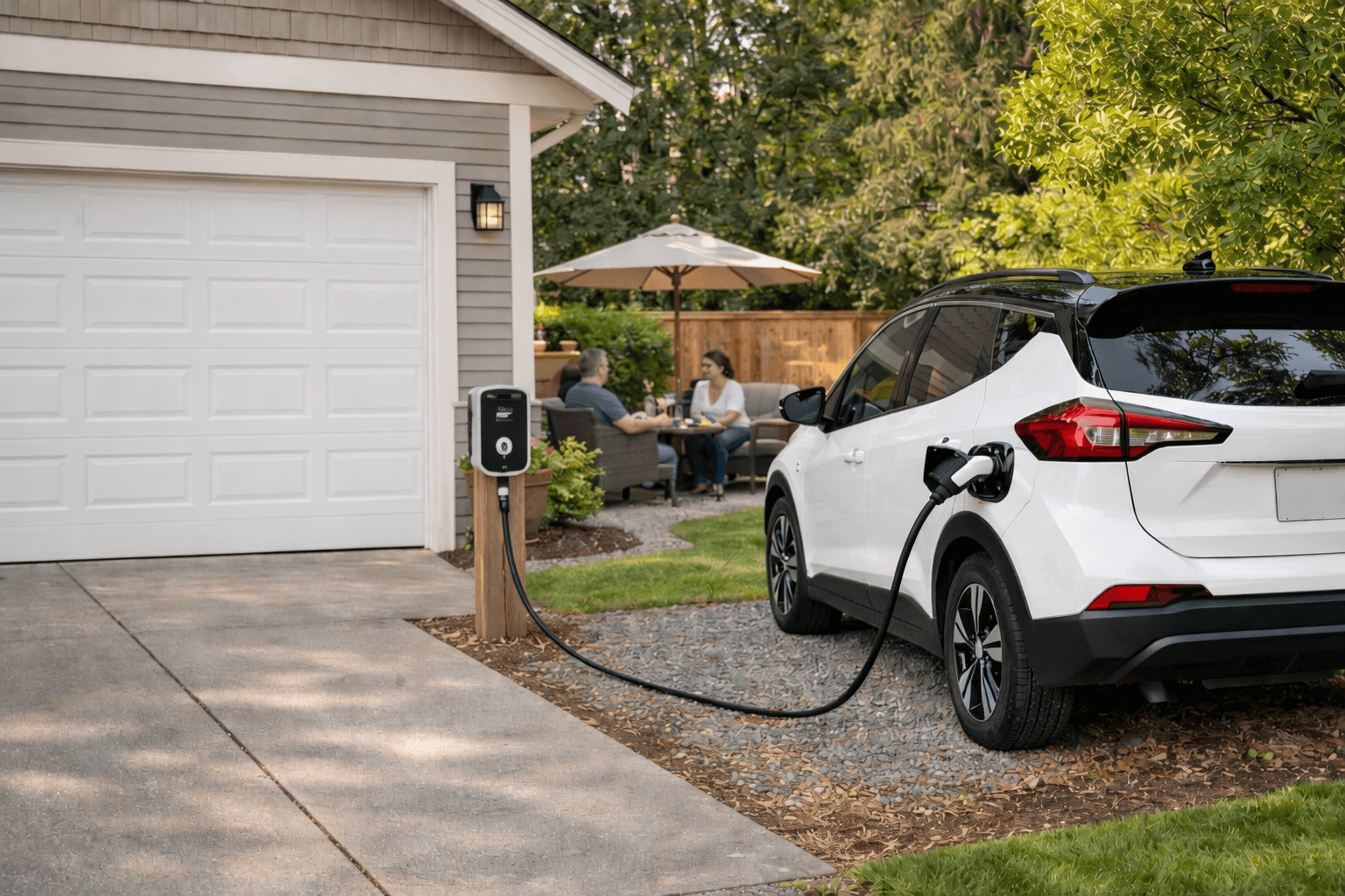 Electric vehicle charging at a home in a peaceful suburban setting